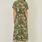 Yumi Sage Green Viscose Floral Print Midi Dress With Ruched Waist