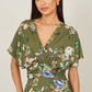 Yumi Sage Green Viscose Floral Print Midi Dress With Ruched Waist