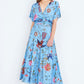 Yumi Blue Viscose Bird And Floral Print Midi Dress With Ruched Waist