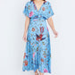 Yumi Blue Viscose Bird And Floral Print Midi Dress With Ruched Waist
