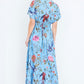 Yumi Blue Viscose Bird And Floral Print Midi Dress With Ruched Waist