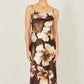 Yumi Brown Cowl Neck Satin Floral Dress