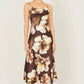 Yumi Brown Cowl Neck Satin Floral Dress