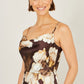 Yumi Brown Cowl Neck Satin Floral Dress