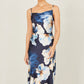 Yumi Navy Cowl Neck Satin Floral Dress