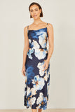 Yumi Navy Cowl Neck Satin Floral Dress