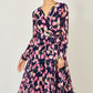 Yumi Navy Orchid Floral Pleated Wrap Maxi Dress