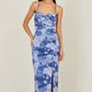 Yumi Blue Mesh Ruched Midi Dress With Split