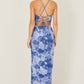 Yumi Blue Mesh Ruched Midi Dress With Split