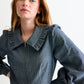 Zoya Chambray Zip Front, Frill Collar Midi Dress - Dark Grey