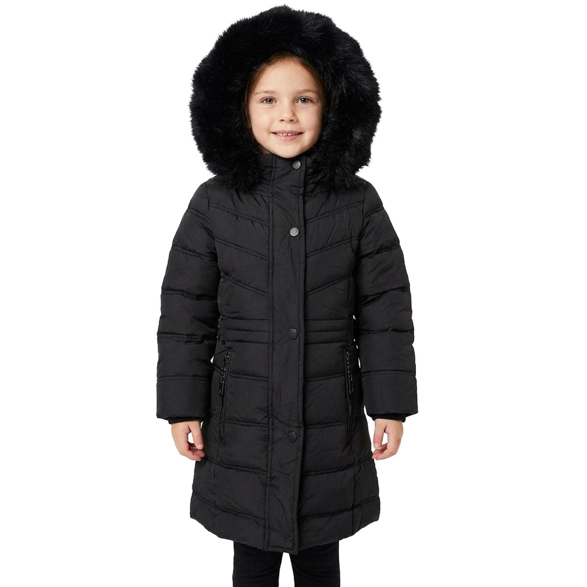 Girls’ Long Winter Puffer Coat with Detachable Faux Fur Hood – Black