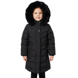 Girls’ Long Winter Puffer Coat with Detachable Faux Fur Hood – Black