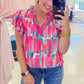 Abstract Brush Print Ruffled Sleeve Blouse