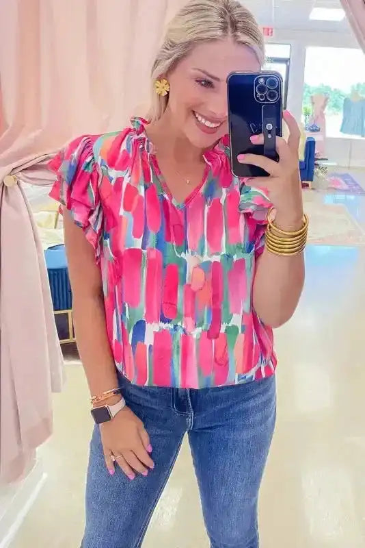 Abstract Brush Print Ruffled Sleeve Blouse