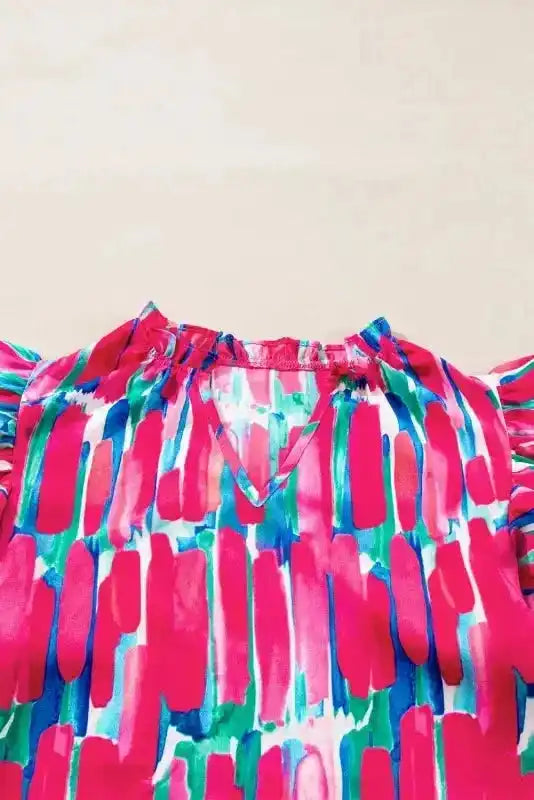 Abstract Brush Print Ruffled Sleeve Blouse