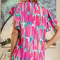 Abstract Brush Print Ruffled Sleeve Blouse