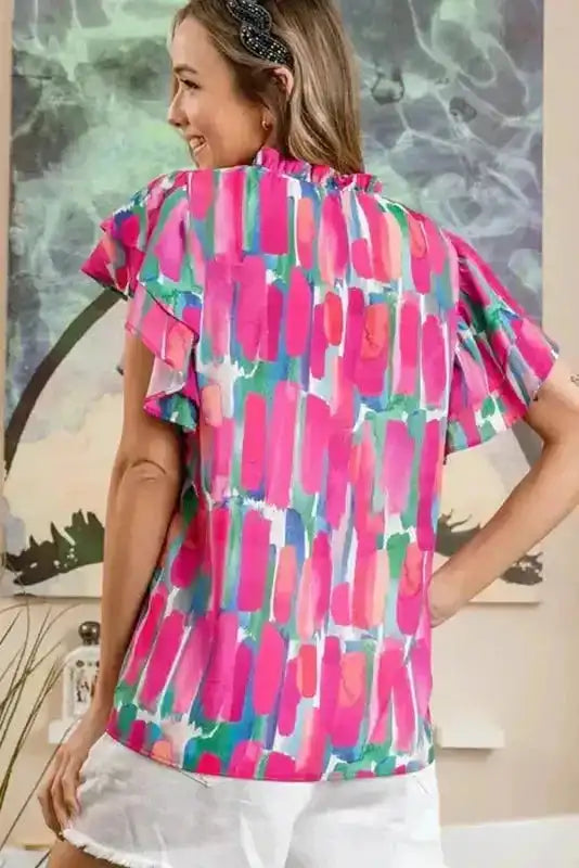 Abstract Brush Print Ruffled Sleeve Blouse