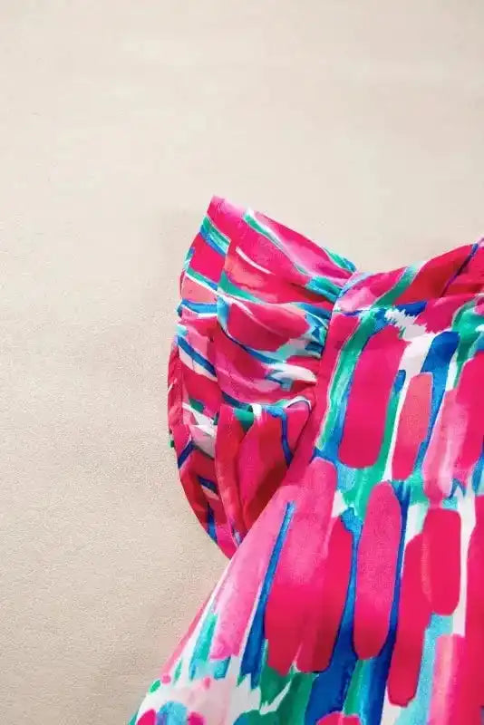 Abstract Brush Print Ruffled Sleeve Blouse