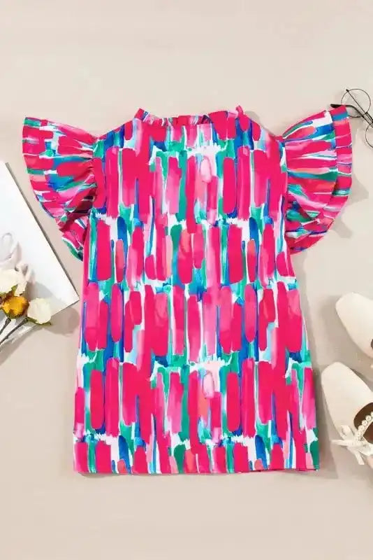 Abstract Brush Print Ruffled Sleeve Blouse