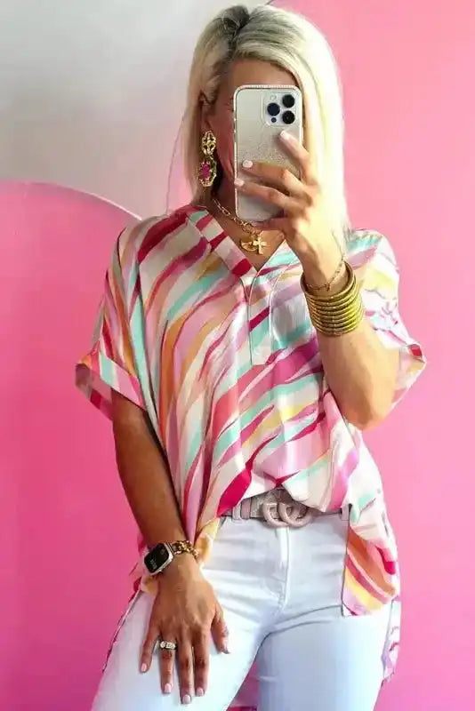 Abstract High Low Short Sleeve Blouse