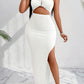 Elegant Strapless Summer Dress with Decorative Button Closure, Polyester Blend, Knee-Length, Asymmetrical Hemline Stretchy Knit Dress