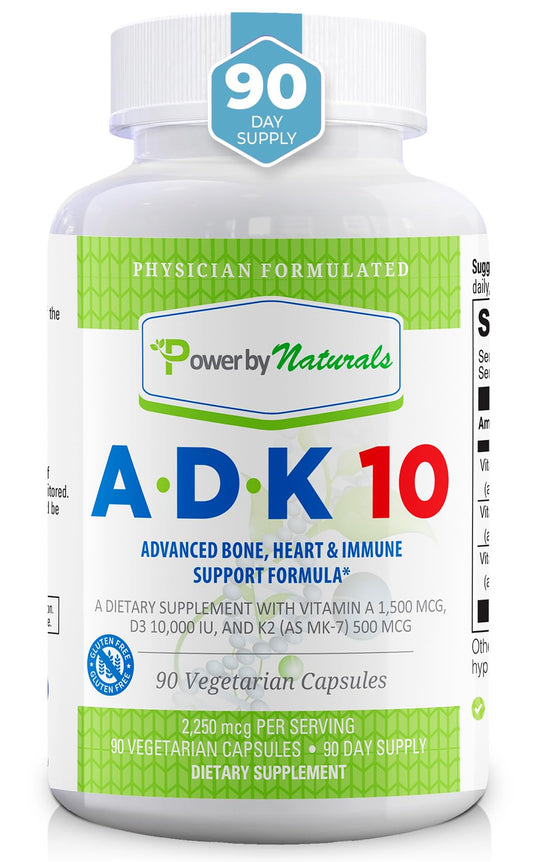 Power By Naturals ADK 10 Vitamin Supplement – A, D3 10,000 IU & K2 MK-7, 90 Capsules (3-Month Supply)