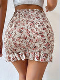Printed Paper Bag Waist Drawstring Ruffled Hem Skirt
