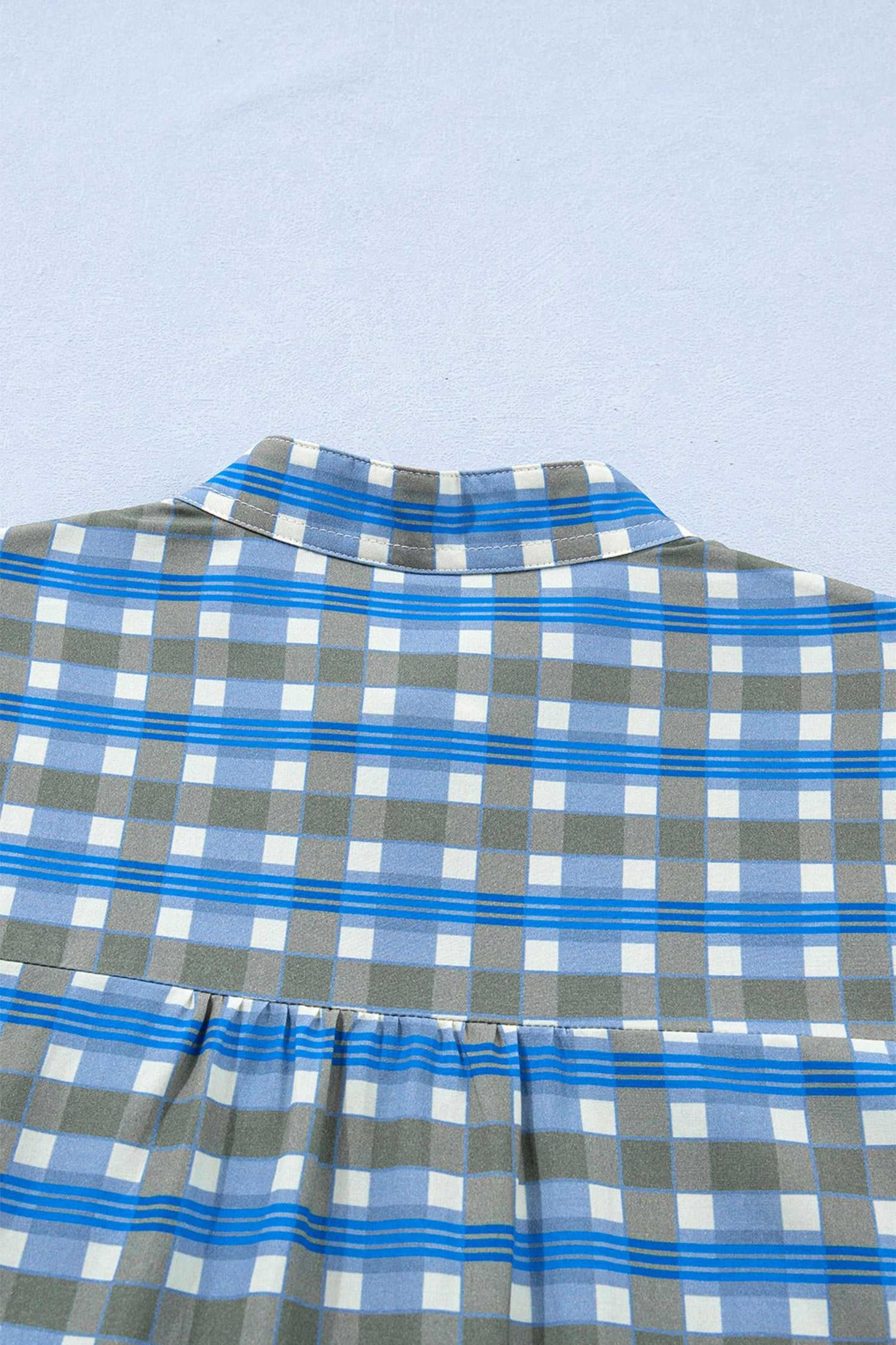Blue Plaid Long Sleeve Frilled Blouse