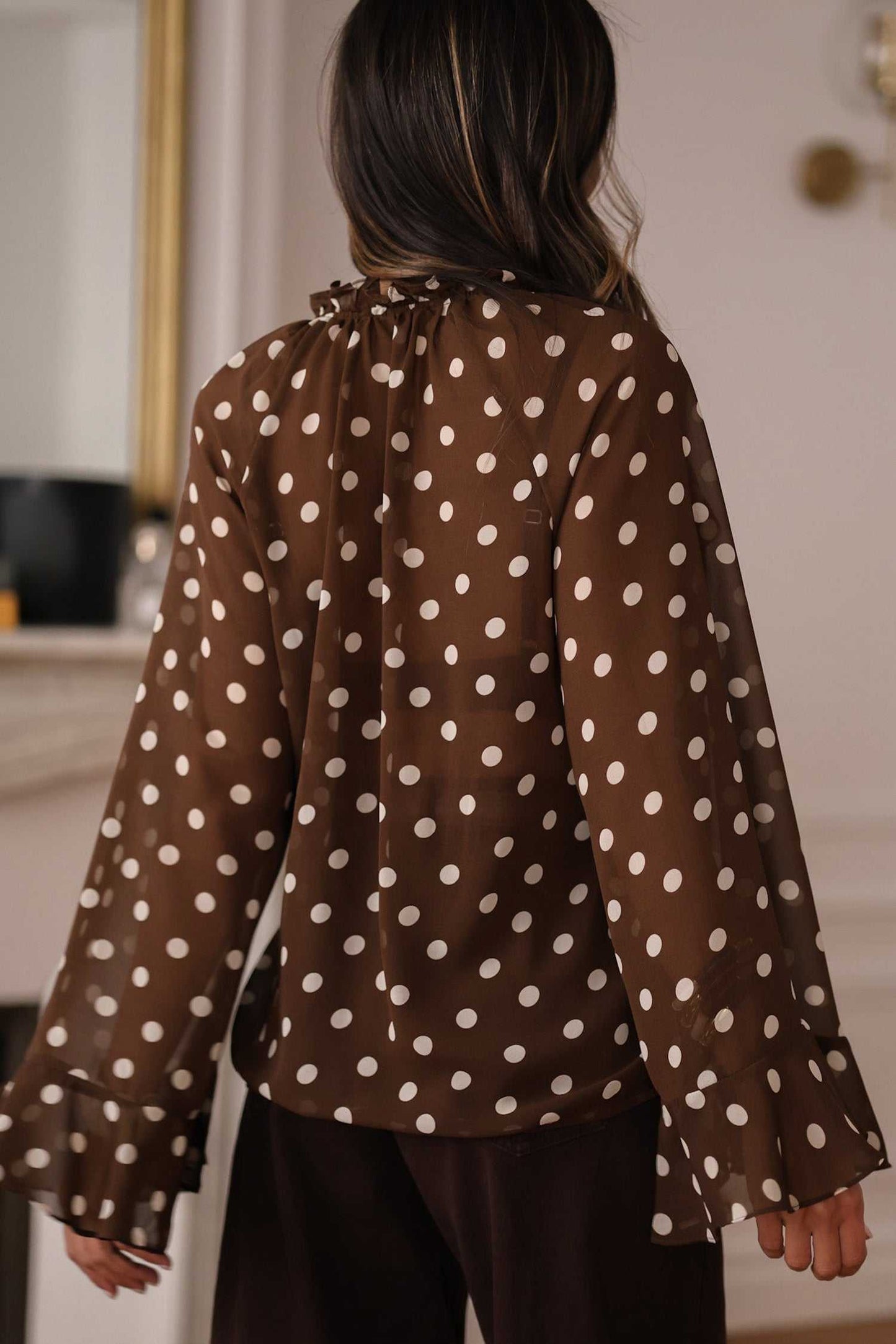 Coffee Polka Dot Bell Sleeve Blouse