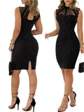 Contrast Lace Evening Dress with Silvery Foil Stitching