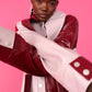 Baby Pink and Red Oversized Faux Suede Leather Trench Coat with Exaggerated Collar