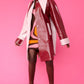 Baby Pink and Red Oversized Faux Suede Leather Trench Coat with Exaggerated Collar