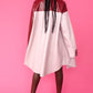 Baby Pink and Red Oversized Faux Suede Leather Trench Coat with Exaggerated Collar