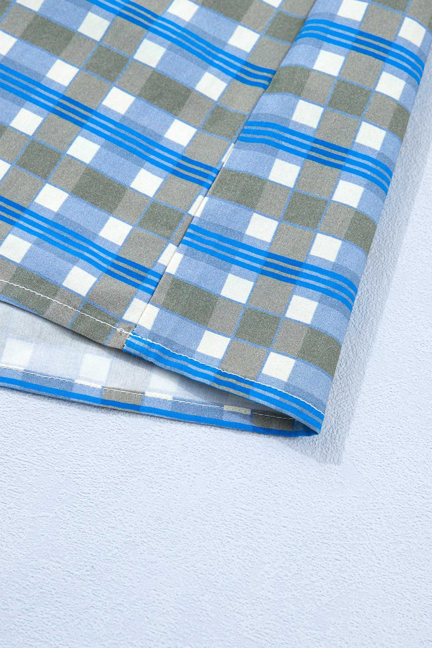 Blue Plaid Long Sleeve Frilled Blouse