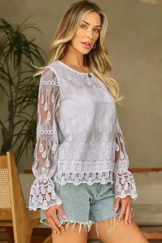 Beige Embroidered Mesh Blouse – Flounce Sleeves