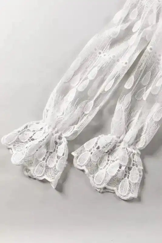 Beige Embroidered Mesh Blouse – Flounce Sleeves