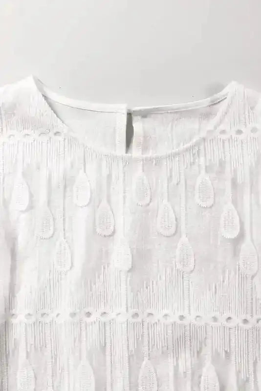 Beige Embroidered Mesh Blouse – Flounce Sleeves