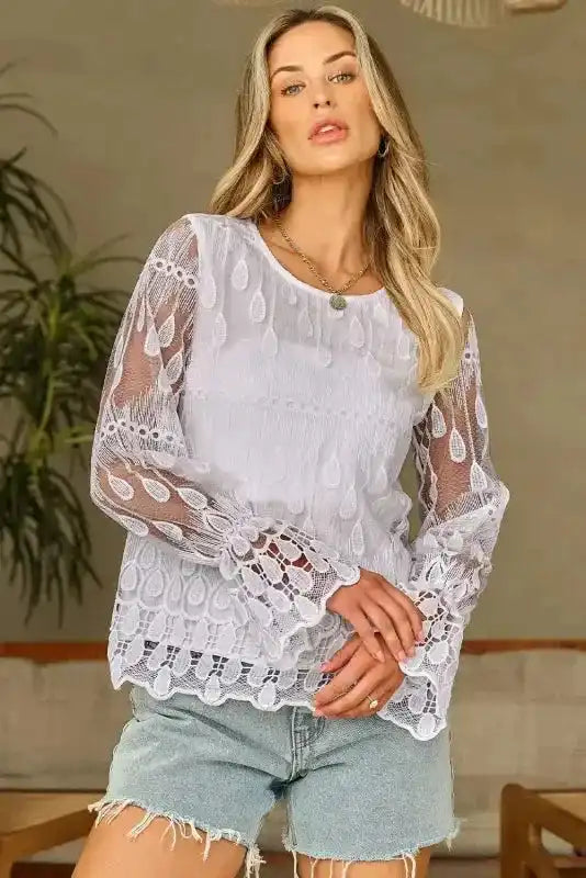 Beige Embroidered Mesh Blouse – Flounce Sleeves