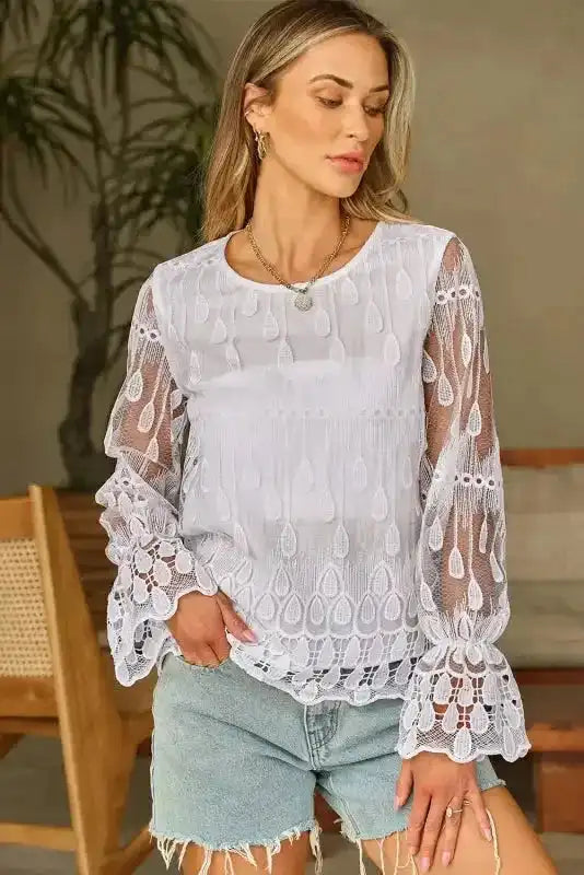 Beige Embroidered Mesh Blouse – Flounce Sleeves