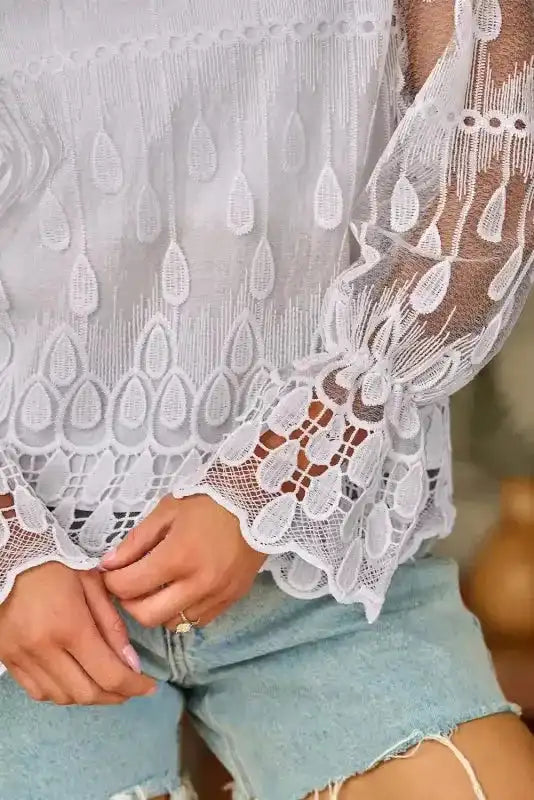 Beige Embroidered Mesh Blouse – Flounce Sleeves