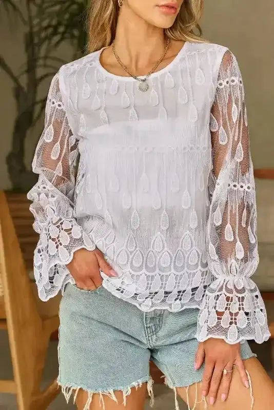 Beige Embroidered Mesh Blouse – Flounce Sleeves