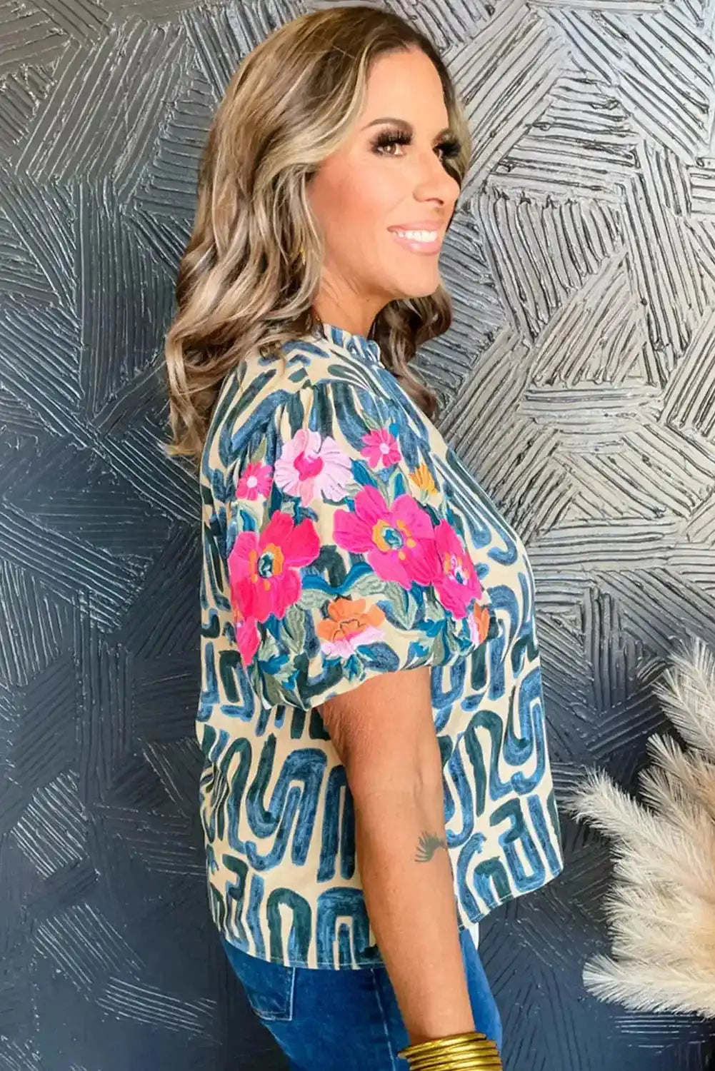 Multi‑Colour Embroidered Top – Puff Sleeves & Frilled Neck