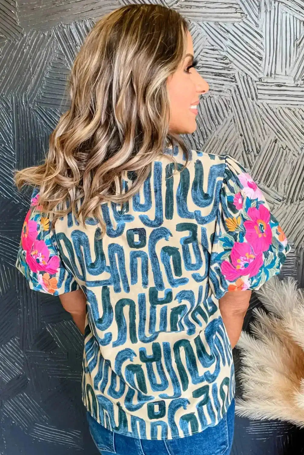 Multi‑Colour Embroidered Top – Puff Sleeves & Frilled Neck