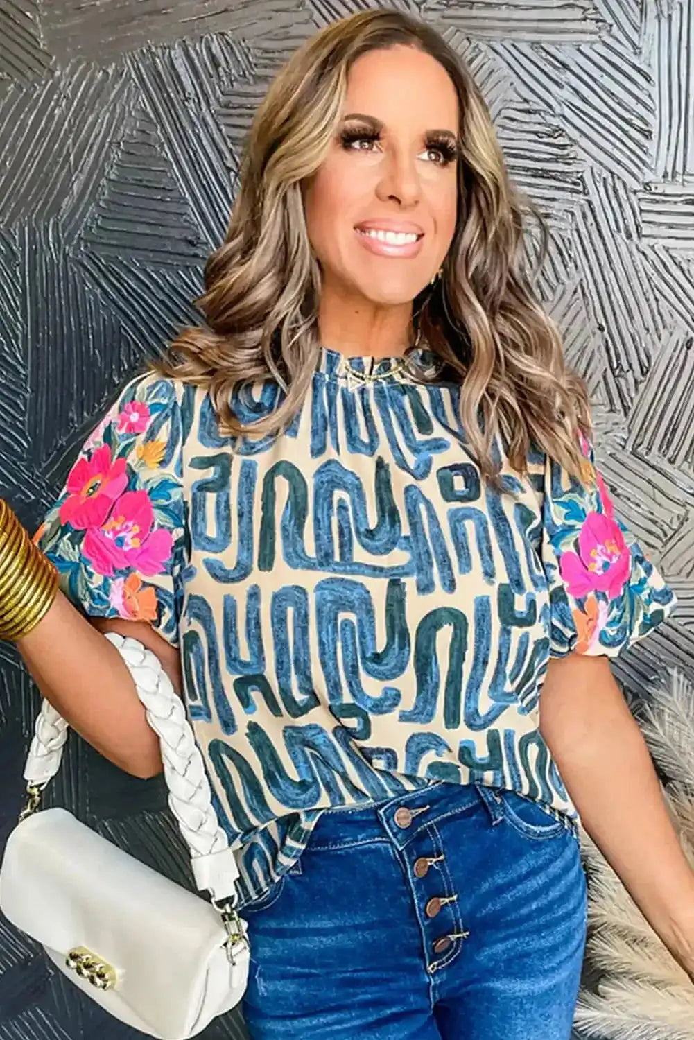 Multi‑Colour Embroidered Top – Puff Sleeves & Frilled Neck