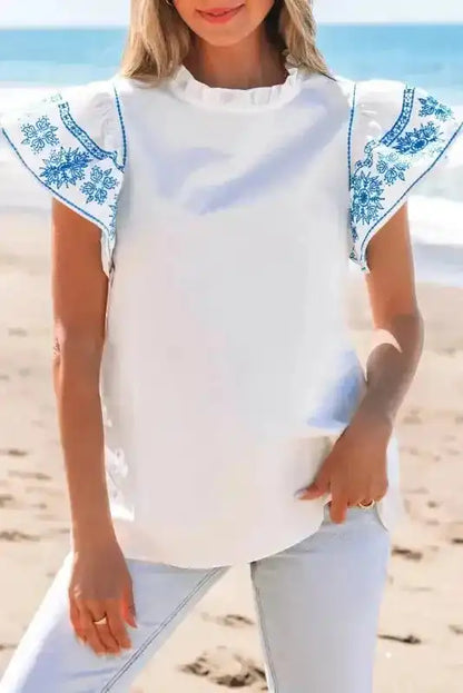 Belle White Embroidered Blouse - Ruffled-Sleeve Frilled-Collar