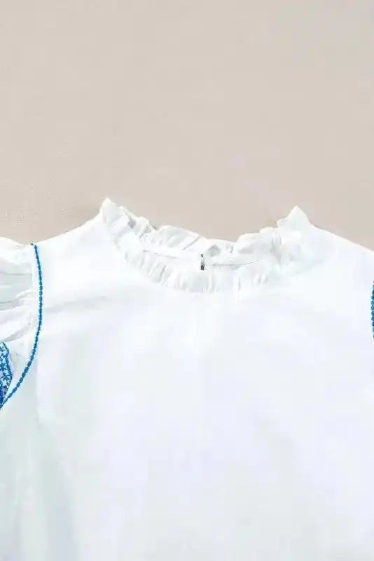 Belle White Embroidered Blouse - Ruffled-Sleeve Frilled-Collar