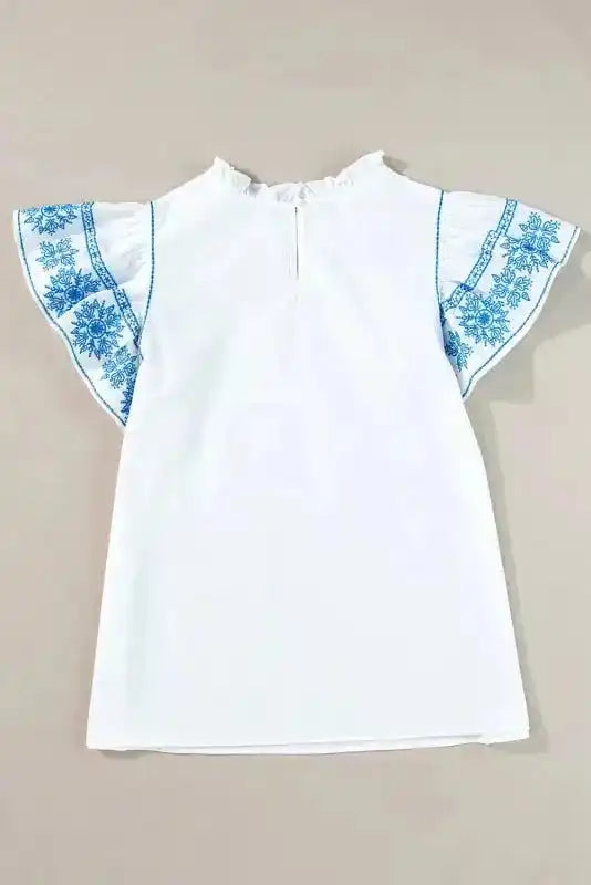 Belle White Embroidered Blouse - Ruffled-Sleeve Frilled-Collar