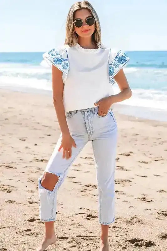 Belle White Embroidered Blouse - Ruffled-Sleeve Frilled-Collar