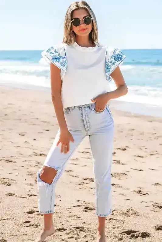 Belle White Embroidered Blouse - Ruffled-Sleeve Frilled-Collar