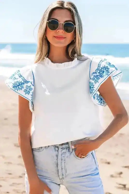 Belle White Embroidered Blouse - Ruffled-Sleeve Frilled-Collar